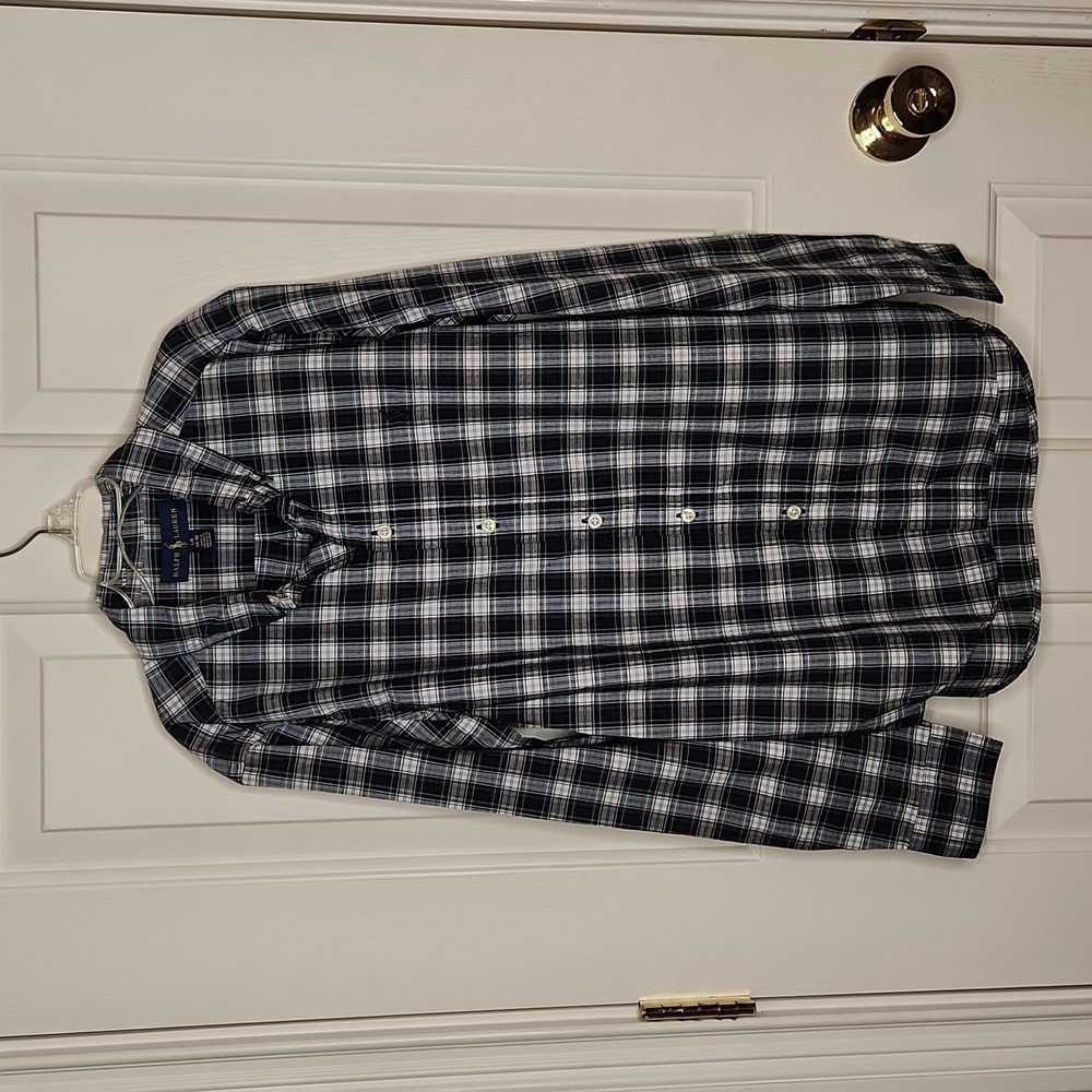 Ralph Lauren Navy Green White Yellow Plaid Button Down Shirt Size L